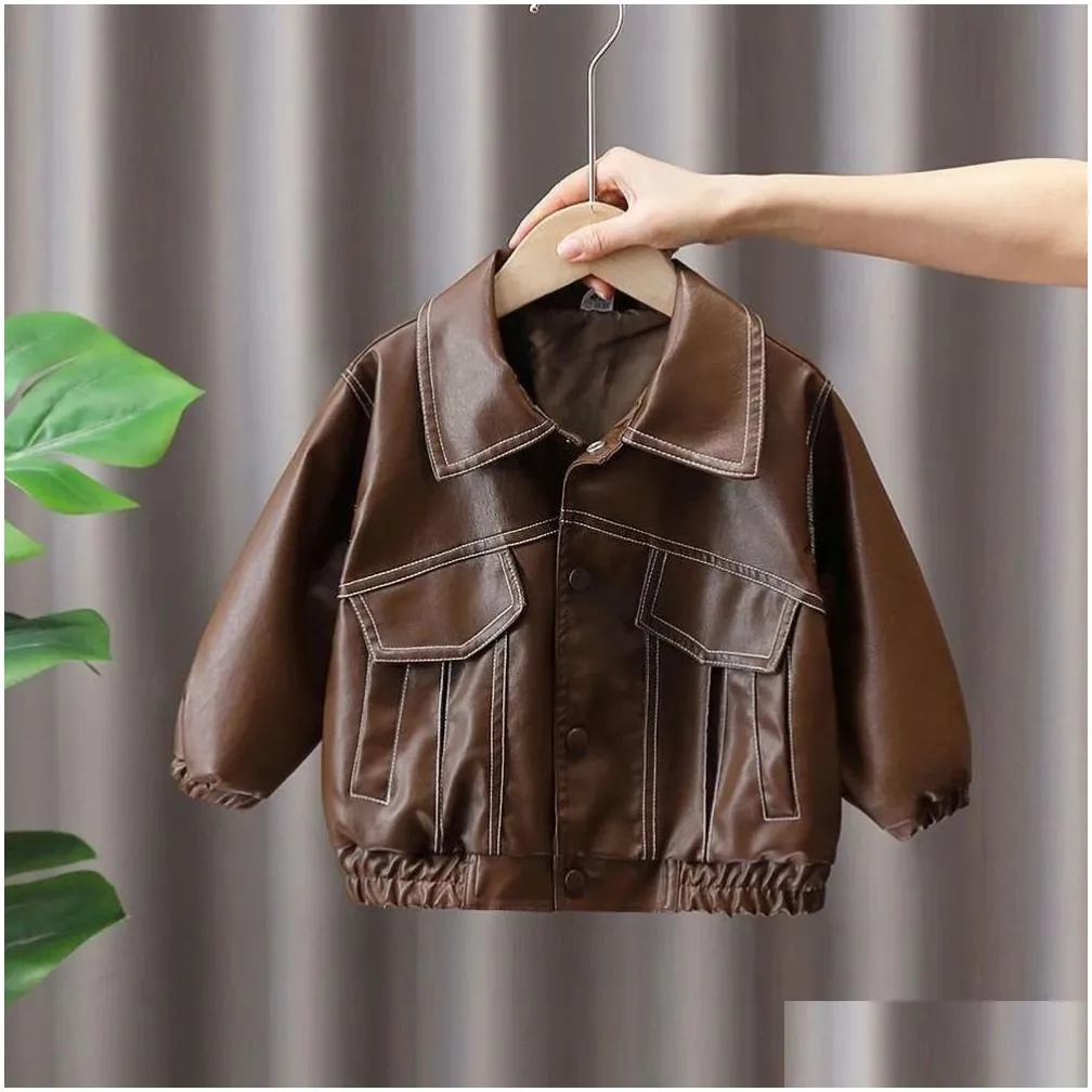 Autumn Boys Leather Coat Fashion Childrens Turn Down Collar Pu Outerwear Korean Casual Kids Baby Motorcycle Jackets 240329