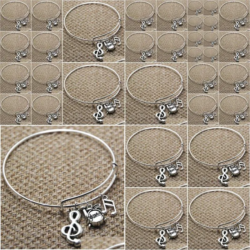 Bangle Bracelets 12Pcs Drums Music Bracelet Treble Clef And Musicnote Charm Bangles Drop Delivery Jewelry Dhha8