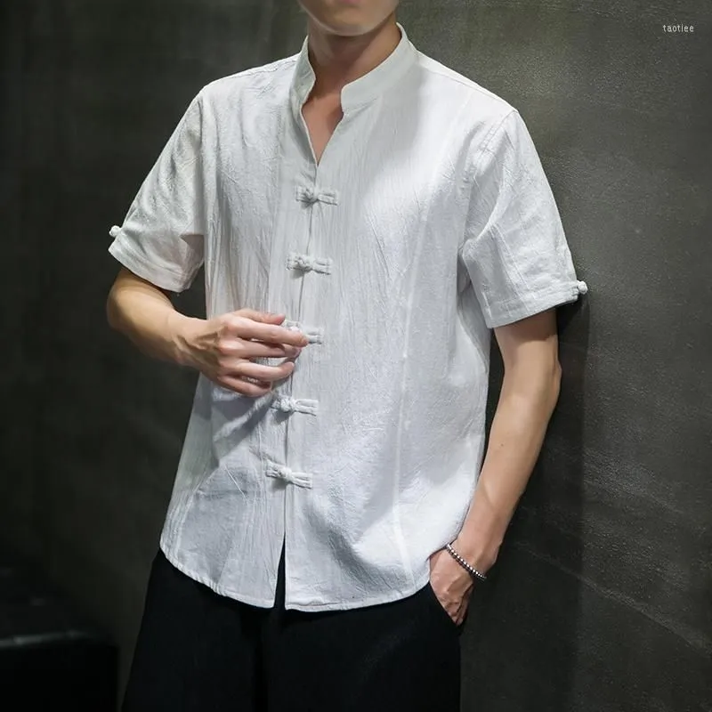 Men`s Casual Shirts Plus Chinese Style Size Linen Shirt Summer Tang Suit Tai Chi Black Short Sleeve Ethnic Vintage Top Men Clothing