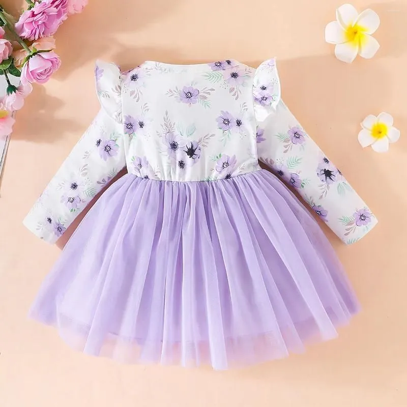 Girl Dresses 1-4Y Toddler Kids Baby Autumn Dress Ruffles Long Sleeve Print Cotton Linen Party Tutu Tulle Layers Girls Clothes 2023