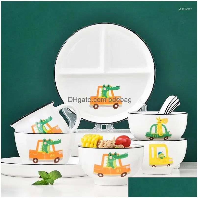 dinnerware sets cartoon animal car tableware drinking soup bowl children birthday gift cute household ceramic rice dinner set