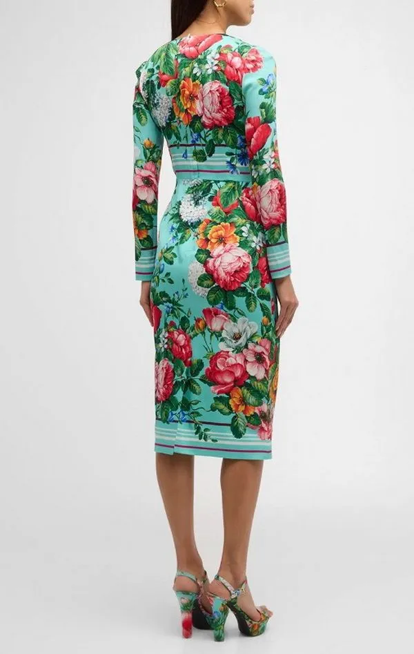 European fashion brand blue elastic silk floral print tight fitting crew neck long sleeves midi dress