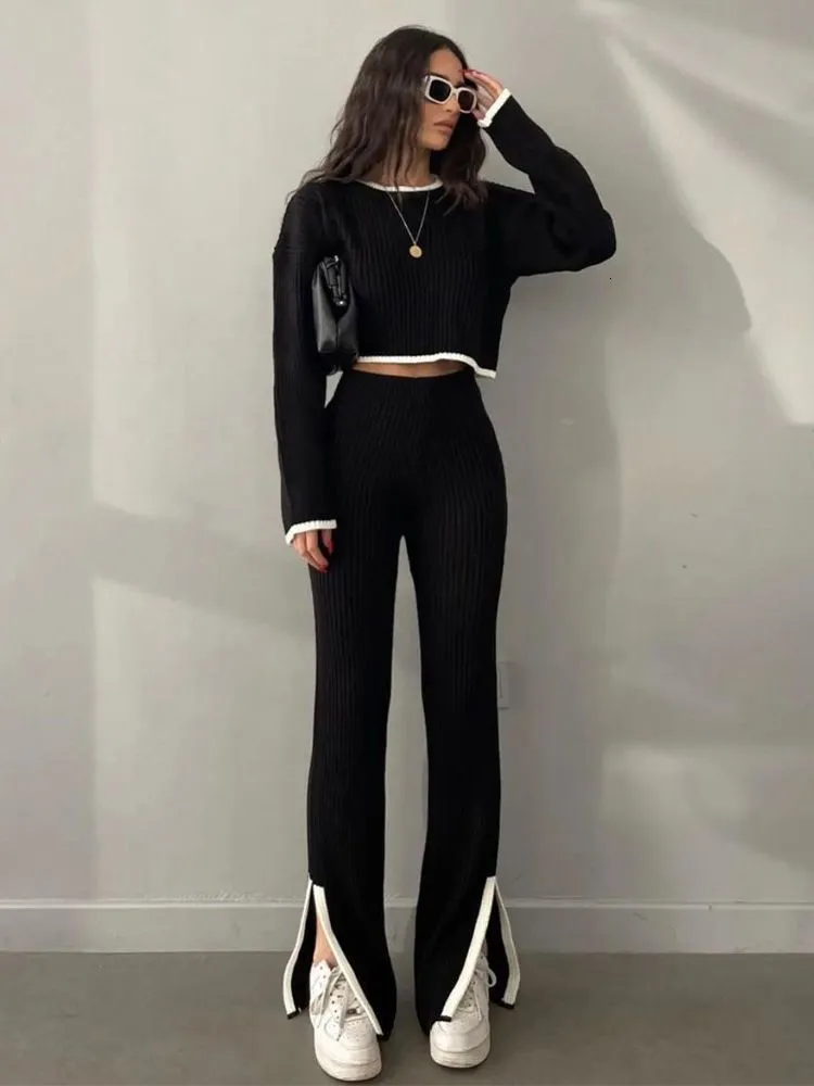 Men`s Sweaters Casual Knit Two Piece Set Women Loose Panelled O-neck High Waist Trouser Suits Female Spring Long Sleeve Ladies Suit