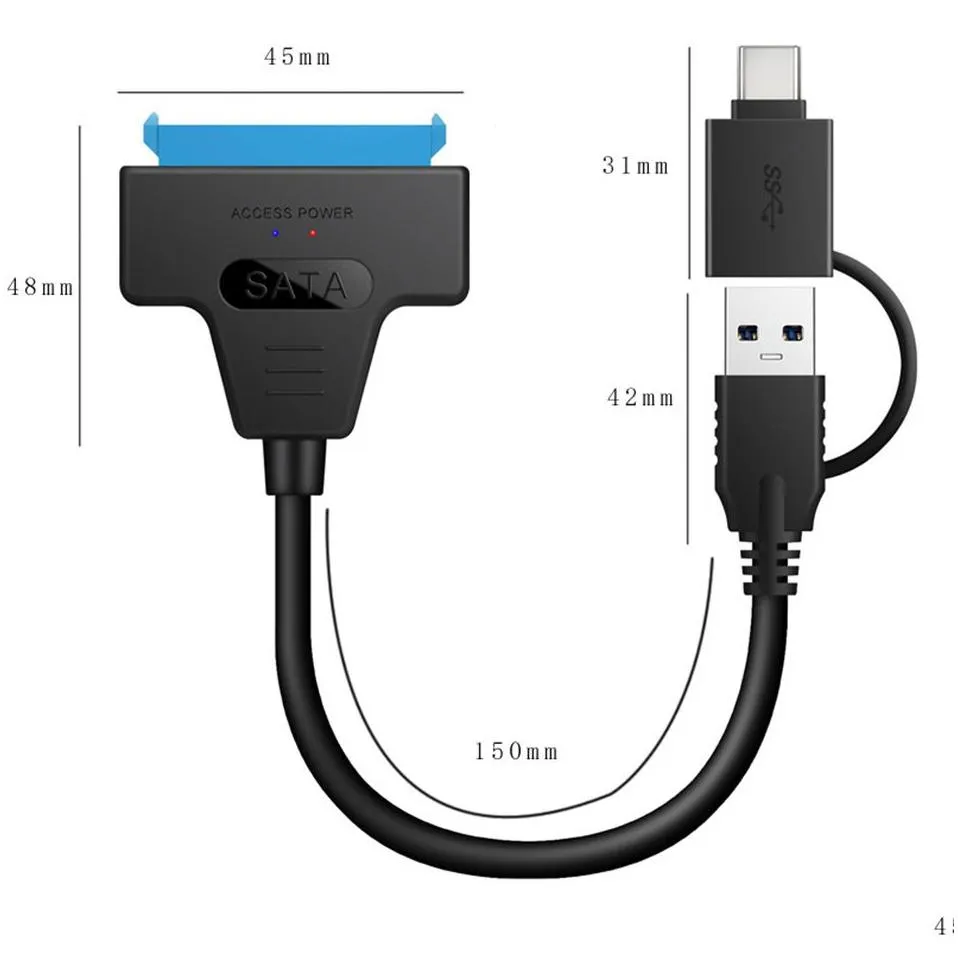 New 2 in 1 SATA to USB3.0 Type-C Adapter Cable Up To 6 Gbps High Speed Support 2.5 Inch External HDD SSD Hard Drive 22 Pin Sata