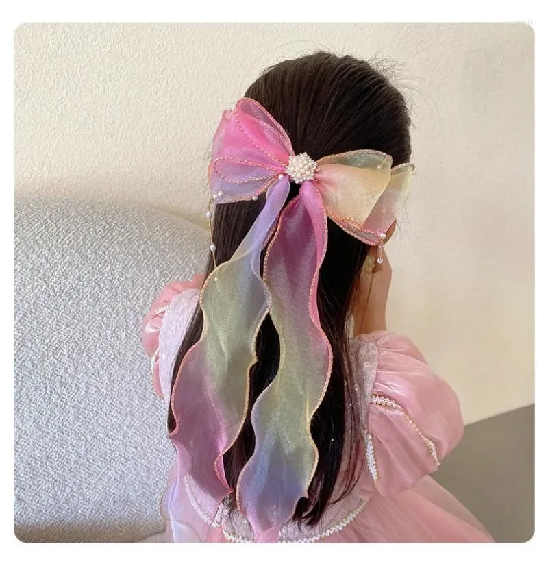 Hair Accessories Children Streamer Hairpins Pearl Tassels Bowknot Clip Ribbons Braided Girls Princess Headdress Fashion