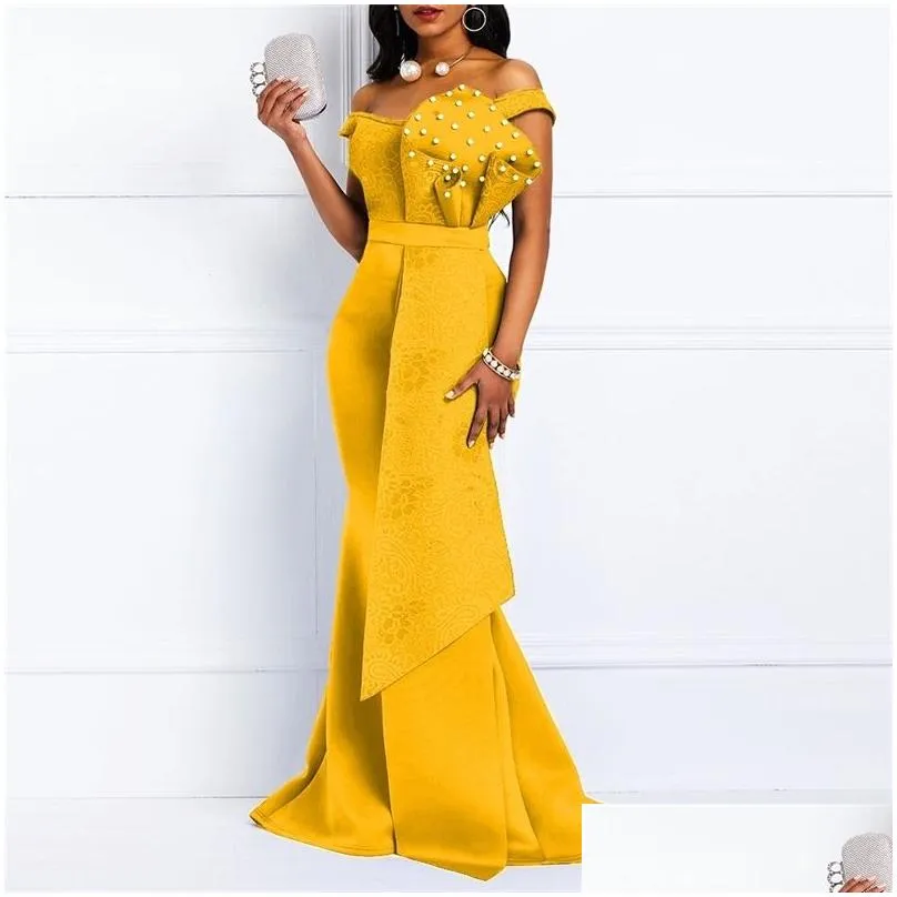 Yellow Dress Long For Women Off Shoulder Sexy Mermaid Beads Skinny Prom Floor Length Evening Dinner Wedding Party Maxi Dresses 210510