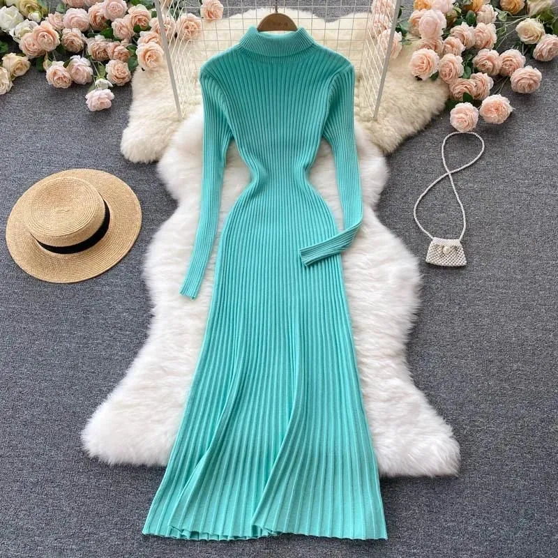 Casual Dresses Autumn And Winter Fashionable High-neck Solid Color Long-sleeved Dress High-waist Slim Bottoming Knitted Long Skirt