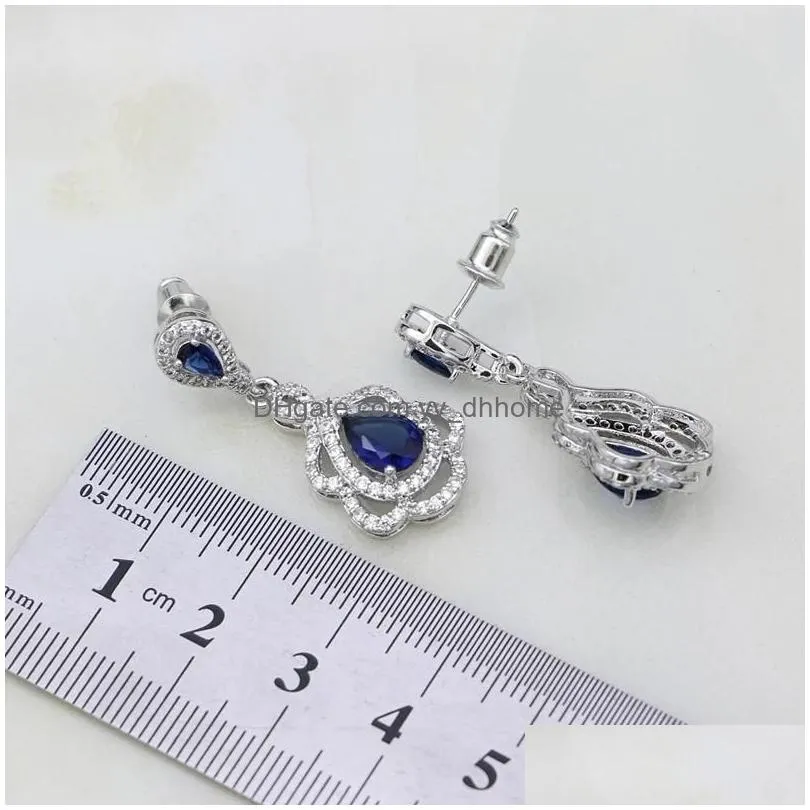 necklaces sier jewelry sets water drop shape blue cubic zirconia white crystal for women earrings/pendant/necklace/ring set