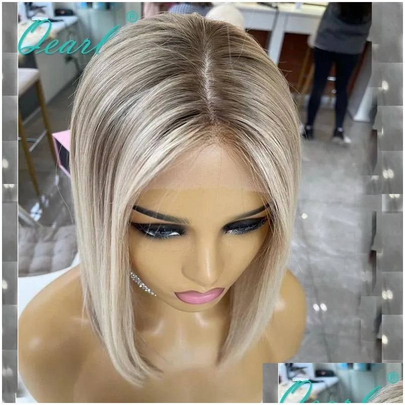 Ash Blonde Highlight Lace Front Wig Human Hair 360 Lace Frontal Wigs HD Transparent Short Straight Bob Wigs for Women Synthetic Heat