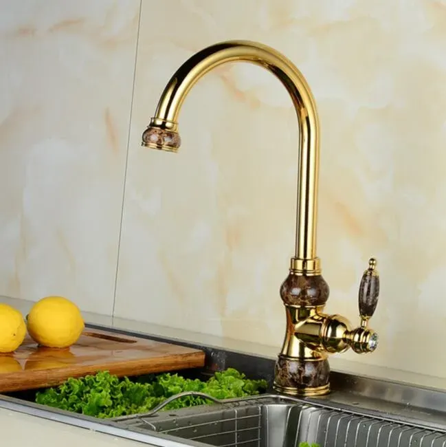 Kitchen Faucets European Natural Jade And Gold Faucet Cold Vegetables Basin Rotating Taps All Copper Antique