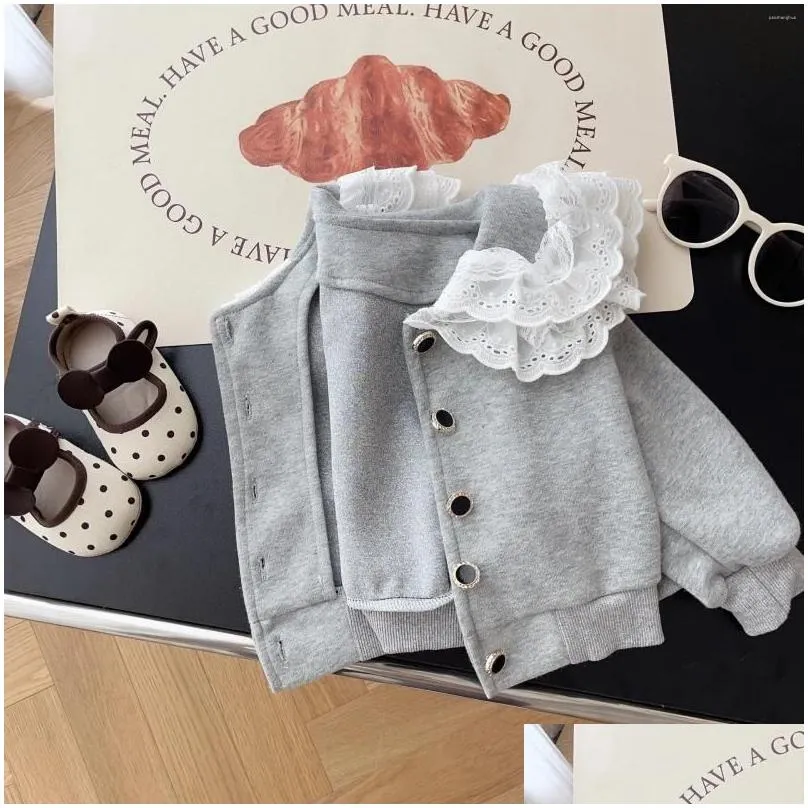 Jackets Korean Kids Clothes Girls Coat Autumn Lace Collar Baby Girl Cardigan Solid Simple Toddler Cotton Jacket Children`s Outerwear