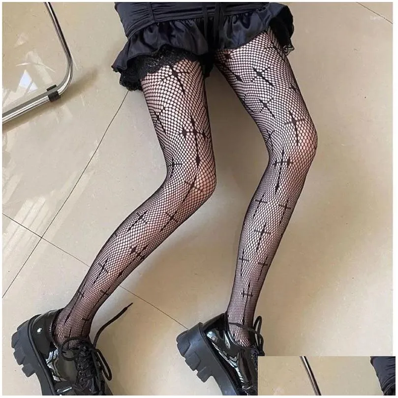 Yoga Outfit Women Print Fish Net Tights Long High Nylon Socks Transparent Hollow Out Body Stockings Black Mesh Fishnet Pantyhose
