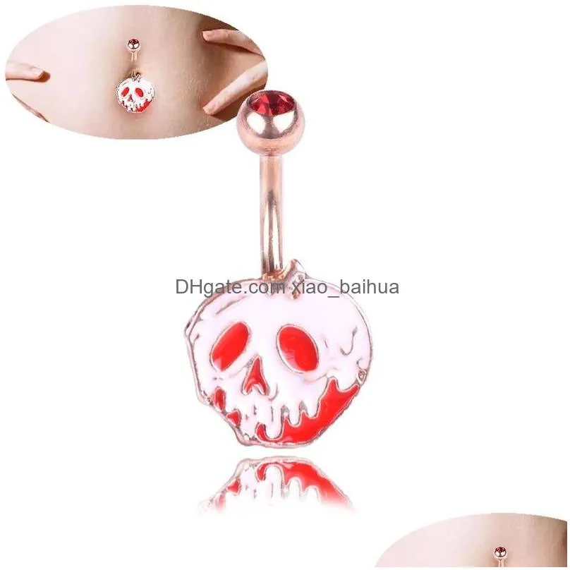 stainless steel barbell drip oil pumpkin head skull dangle rose gold navel belly button rings body piercing jewelry