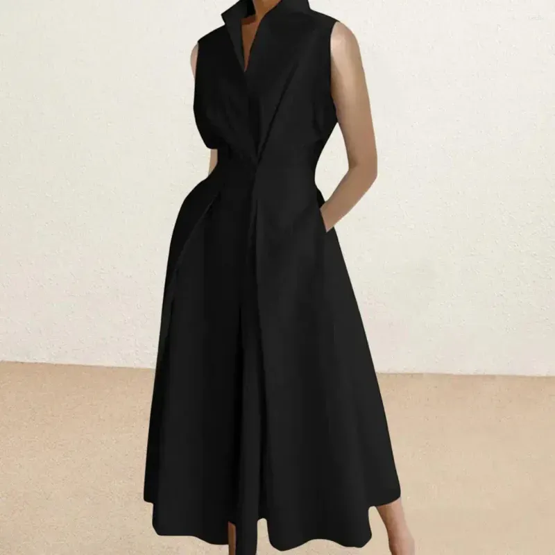 Casual Dresses Soft Dress Waist-cinching Long Elegant A-line Midi With Lapel Button Detail High Waist For Formal Commute Women