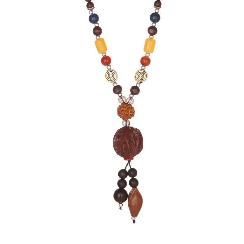 Pendant Necklaces Retro National Style Women`s Bohemian Decorative Accessories Wooden Beads Bodhi Long Buddha Beaded Necklace Sweater