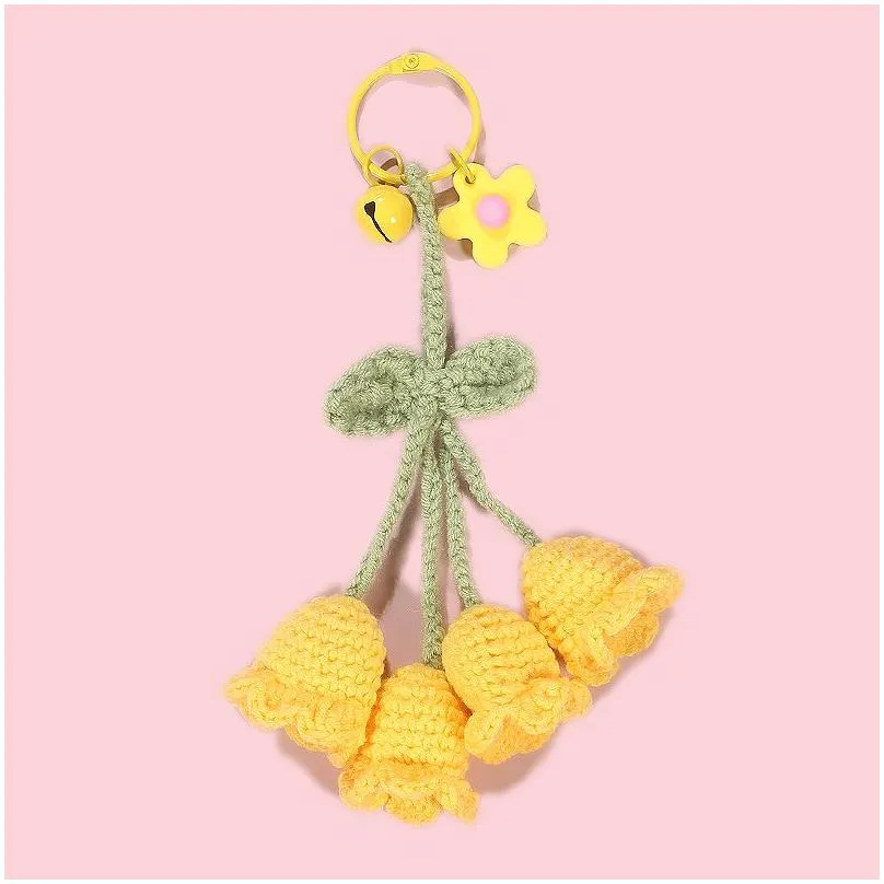 fashion hand-hook woven wool flower keychains girl schoolbags cute keychain pendant bell hanging jewelry accessories gift lady