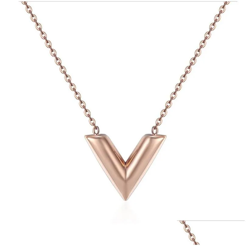 designer titanium steel v letter pendant necklace female simple rose gold chain pendants women fashion jewelry accessories