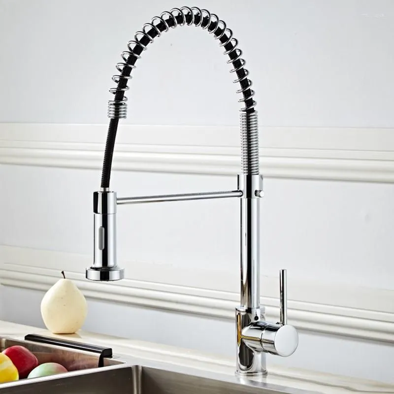 Kitchen Faucets Spring Style Chrome Finish Mixer Faucet Pull Out Torneira All Around Rotate Swivel 2-Functions Water Outlet Tap