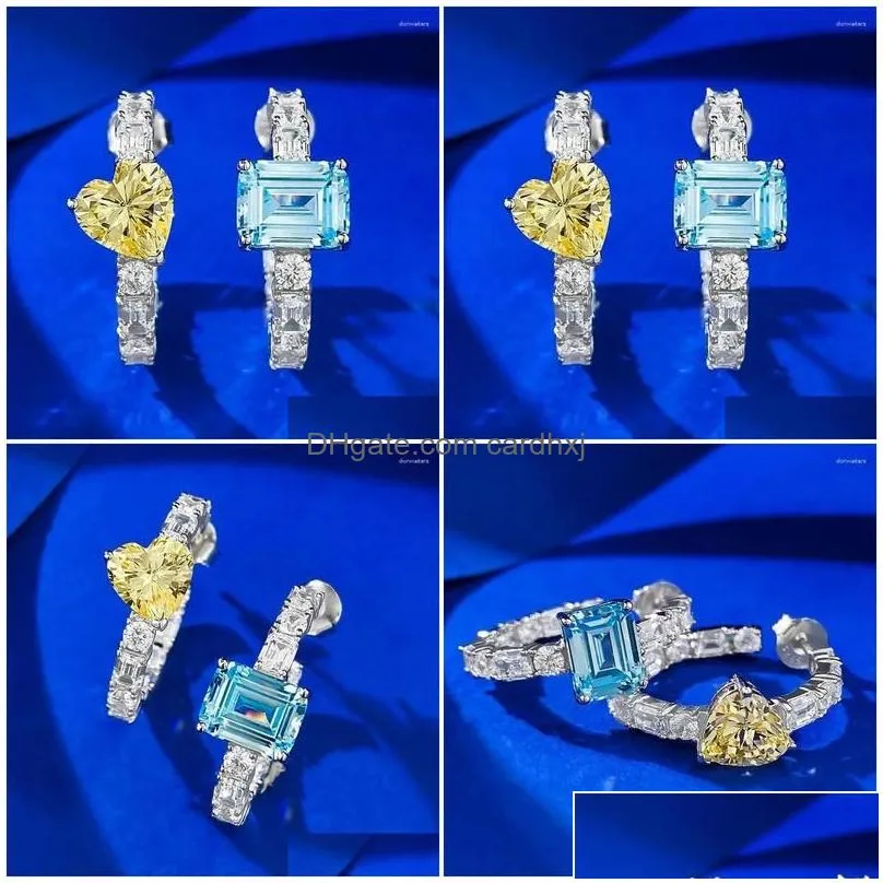 Stud Earrings 925 Sier European And American Style Bright Crystal Contrast Yellow Diamond Sea Blue Love Pair Drop Delivery Jewelry Dhldi