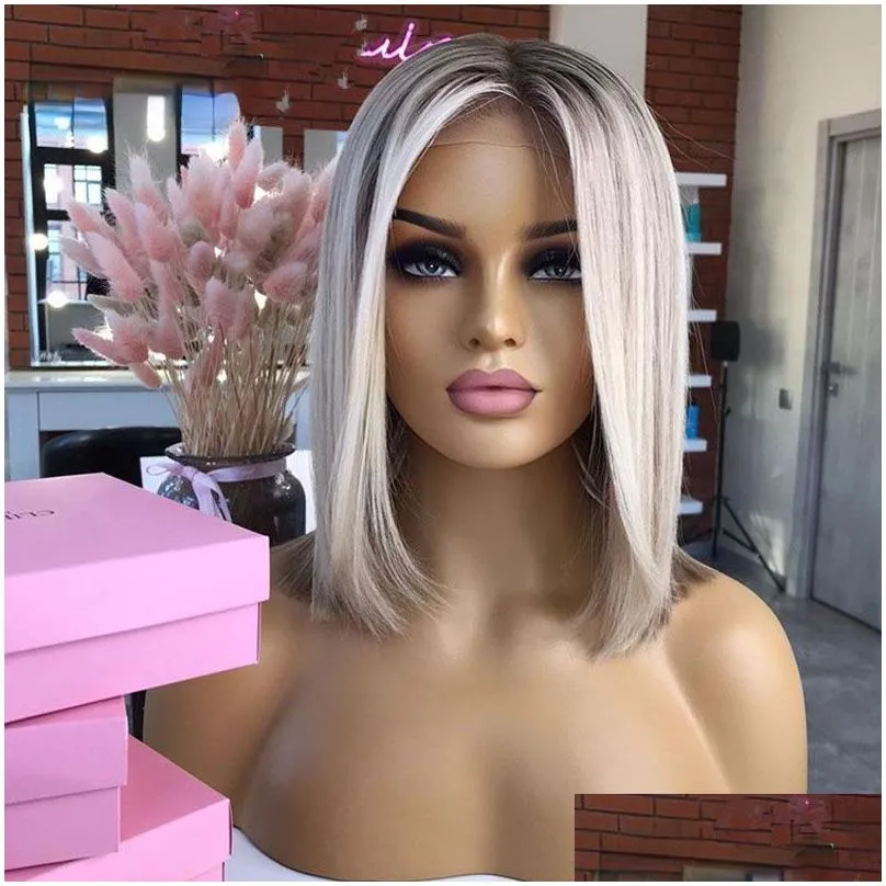 Ash Blonde Highlight Lace Front Wig Human Hair 360 Lace Frontal Wigs HD Transparent Short Straight Bob Wigs for Women Synthetic Heat