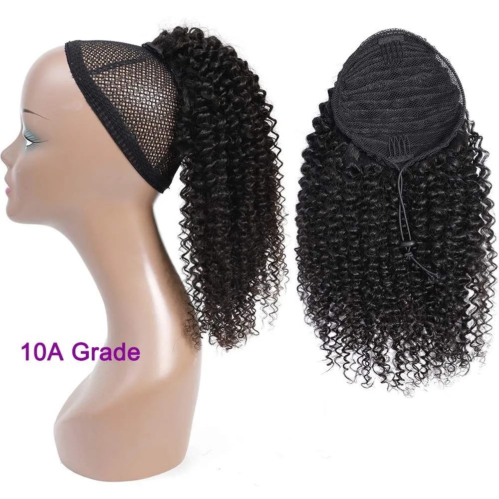 Hot Sale Women Human Hair Ponytail Extension, Dark Brown Indian Virgin Hair kinky curly drawstring Human Hair Pony tails free ship