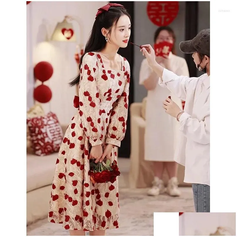 Ethnic Clothing Square Collar Bridal Wedding Dress Chinese Style Qipao Embroider Flower Mesh Cheongsam Elegant Satin Bow Vestidos Robe