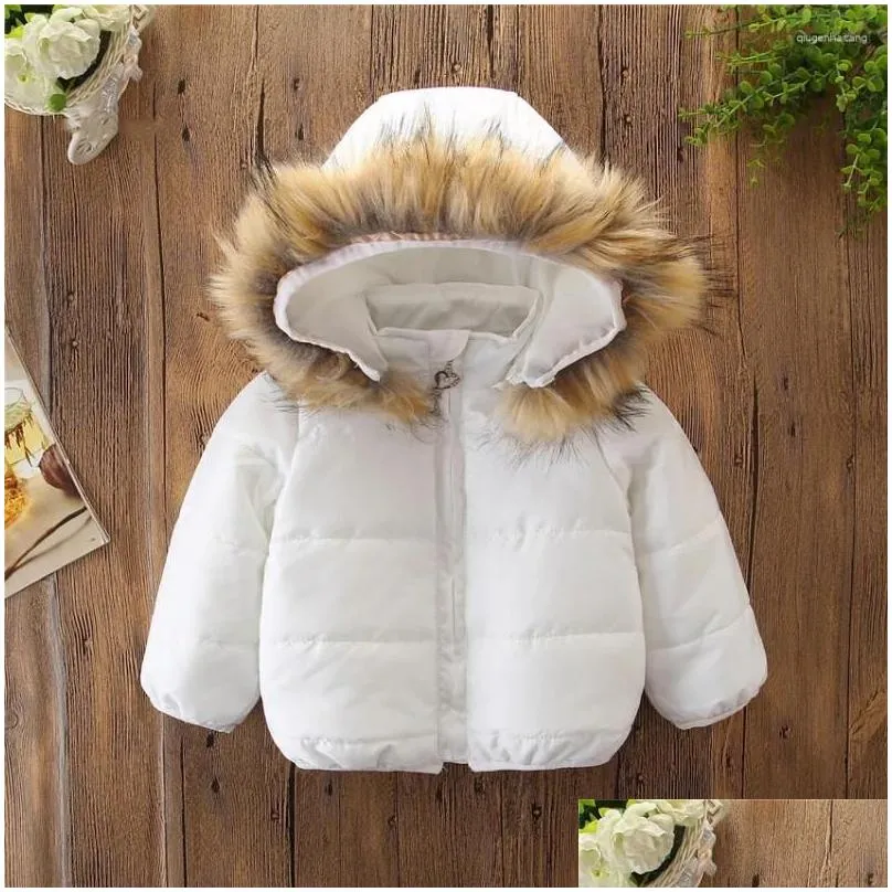 Down Coat Jacket Child Girl 2024 Winter Warm Toddler Baby Boy Fur Hooded Pure White Hoodie Fashion Zip Up Outerwear Parkas