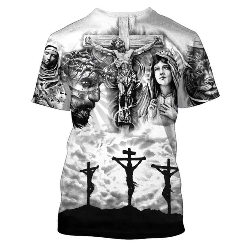 Men`s T-Shirts Christian Catholic Jesus 3D Print Men`s T-Shirt Summer Easter Day O-Neck Short Sleeve Casual Style Men Clothing Large