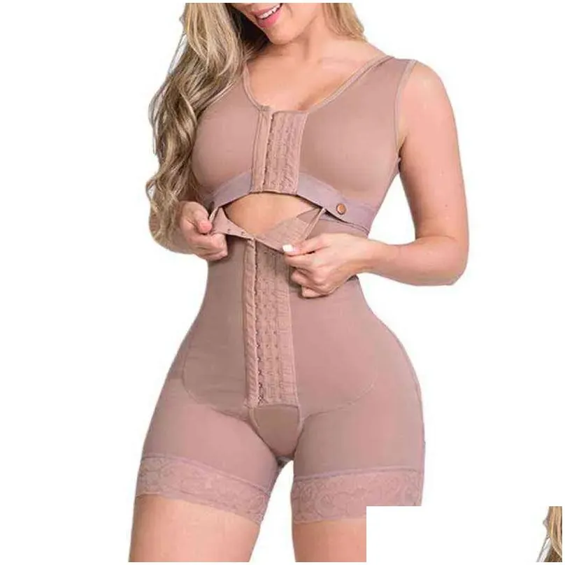 High Compression Full Body Shapewear With Hook And Eye Front Closure Shaper Adjustable Bra Slimming Bodysuit Fajas Colombianas 220112