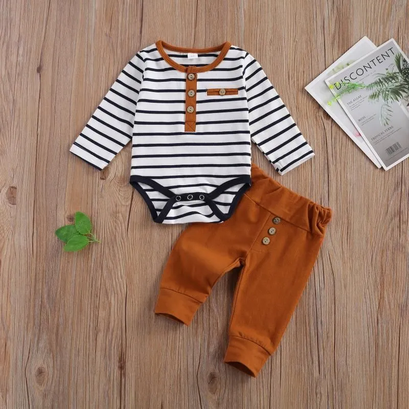 Clothing Sets 2Pcs Baby Boy 0-18M Casual Suit, Round Neck Long Sleeve Stripe Romper Solid Color Button Decoration Loose Trousers Spring