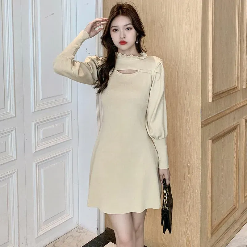 Casual Dresses Women One Piece Dress Autumn 2023 Office Lady Korea Style Knitting Long Sleeve Patchwork Solid Black Robe