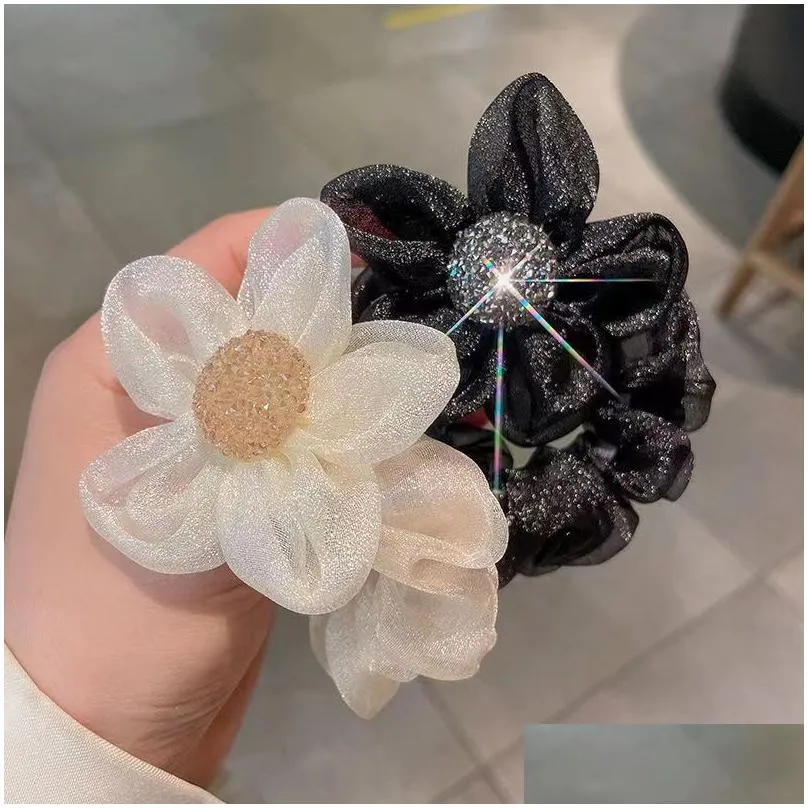 bulk price mesh shiny sun flower pony tails holder girls hair ring rope ball women rhinestone hair rubber bands accessories