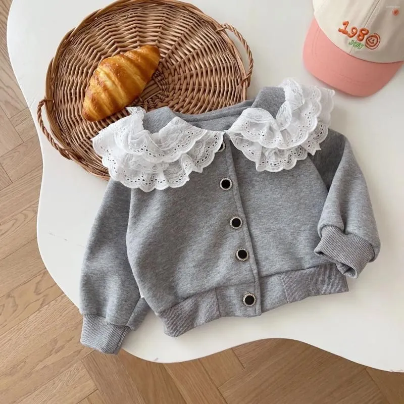 Jackets Korean Kids Clothes Girls Coat Autumn Lace Collar Baby Girl Cardigan Solid Simple Toddler Cotton Jacket Children`s Outerwear