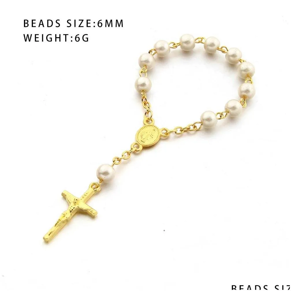 handmade baby glass pearl beaded strands bracelet baptism communion gift catholic cross finger chain mini rosary bracelets girls boys