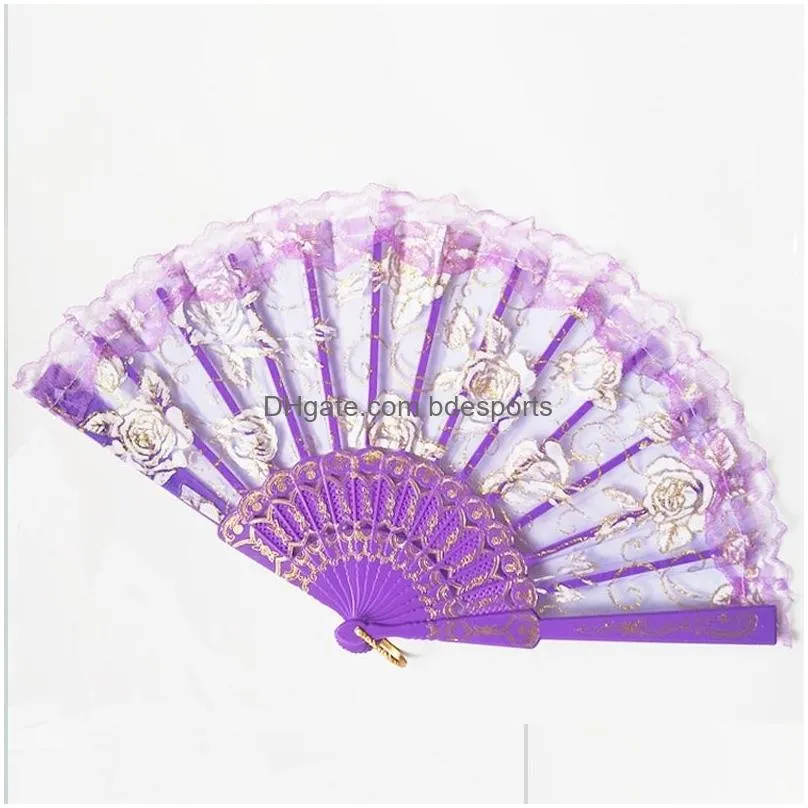 Arts And Crafts Lace Dance Fan Show Craft Folding Fans Rose Flower Design Plastic Frame Silk Hand Drop Delivery Home Garden Arts, Gift Dhqdv