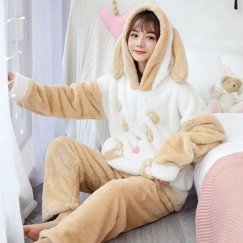 Women`s Hoodies Hooded Flannel Pajamas Suit Cartoon Ears Bear Sleepwear Girls Long Sleeve Winter Warm Nightwear Home Clothes