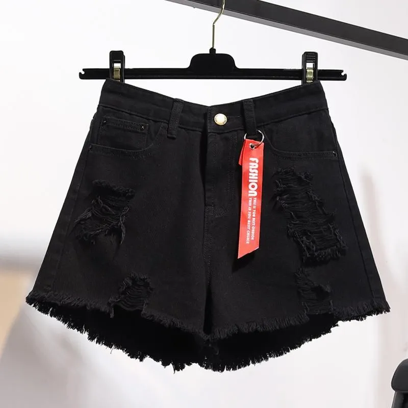Summer High Waisted Denim Shorts Women Plus Size 5xl Loose Hole Tassels Haruku Hot Pants Sexy Jeans Short Girl Spring