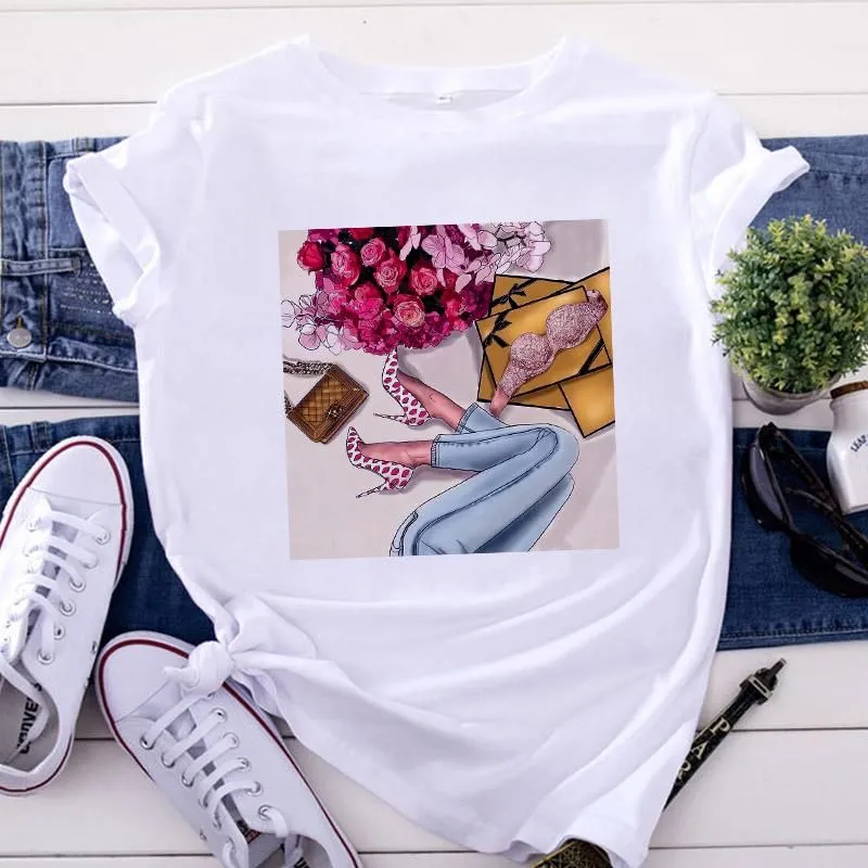 Women`s Short Sleeve T-Shirt White Tops High Heel Shoes Printed Tshirt 2022 Woman T-Shirts Summer Tee Femme Fashion Clothing