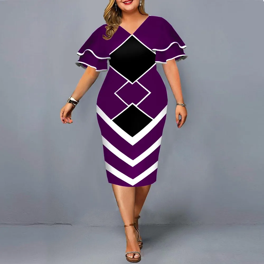 Plus Size Dresses Women Dress Elegant Geometric Print Evening Party Dress Casual Layered Bell Sleeve Office Bodycon Club Outfits