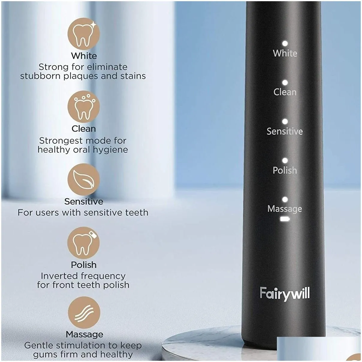 Toothbrush Fairywill Sonic Electric Toothbrush E11 Waterproof USB Charge Rechargeable Electric Toothbrush 8 Brush Replacement Heads Adult