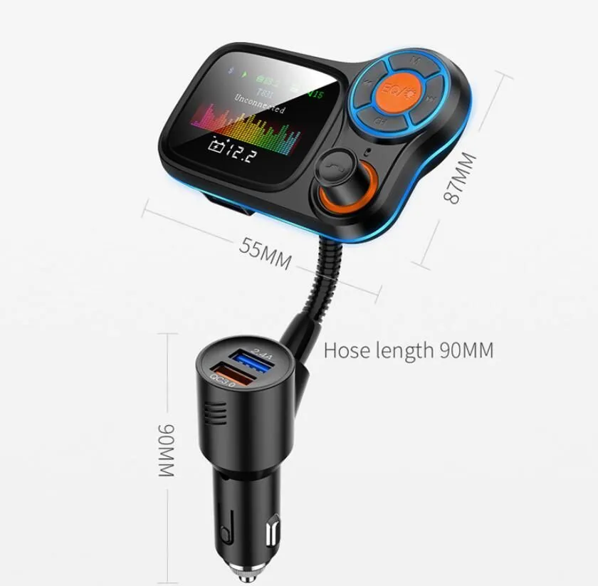 T831 new wireless Bluetooth FM transmitter hands-free car kit RGB color screen MP3 player QC3.0+2.4A high current output fast charge