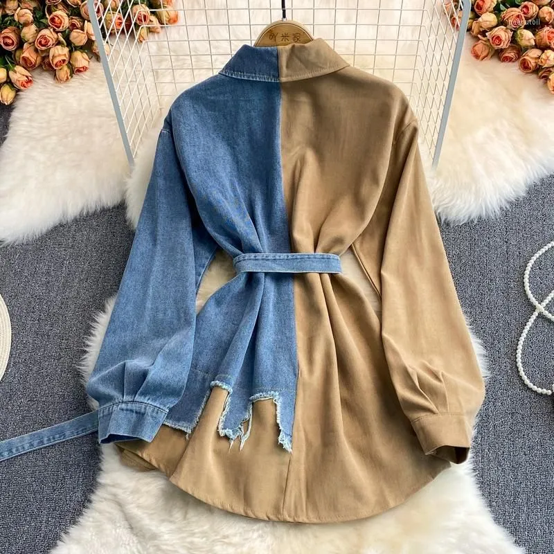 Casual Dresses 2023 Spring Vintage Women Dress Denim Stitching Corduroy Lapel Vestidos Femme Fashion Irregular Midi Shirt Mujer