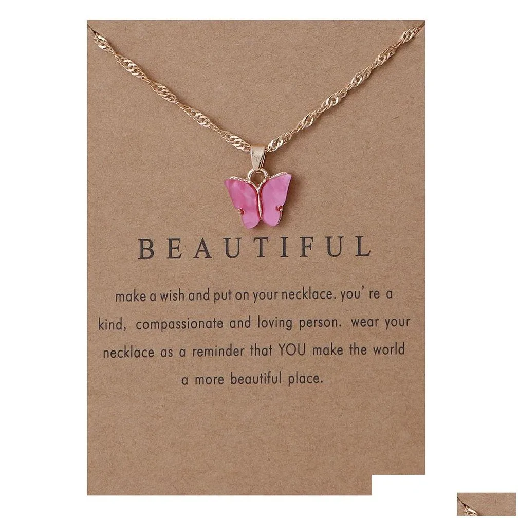 bulk price womens acrylic butterfly pendant necklaces sexy clavicle rope chain jewelry lady necklace with gold white card