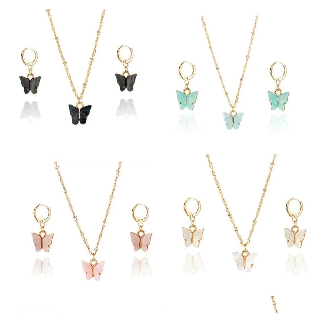 fashion 2 pieces jewelry sets butterfly earrings necklace acrylic pendant necklace earrings gift accessories