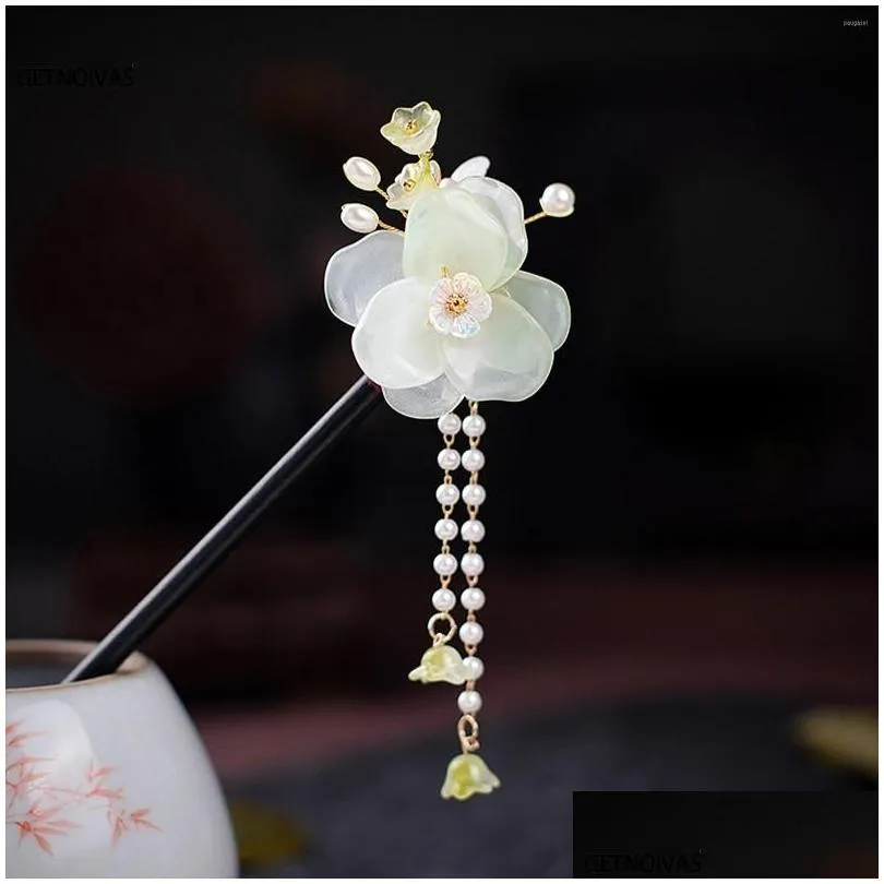 Hair Clips Vintage Wooden Stick Chinese Style Flower Hairpin With Tassel Classical Elegant Lady Clip Woman Accessories SL