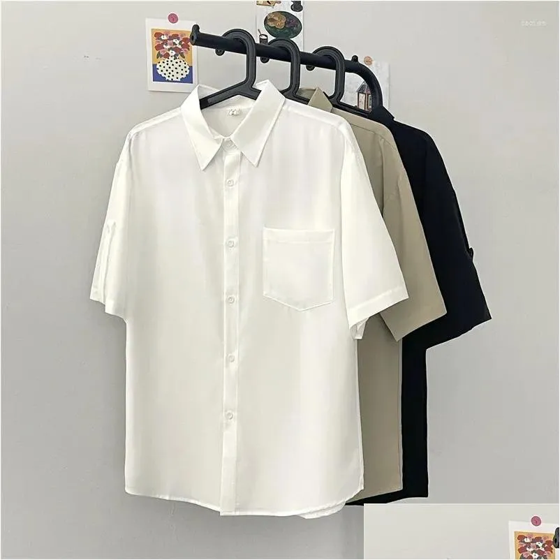Men`s Casual Shirts Shirt Short Sleeved Summer Ins Trend Solid Color Lapel Simple And Versatile 5-quarter Sleeve Lining Clothes