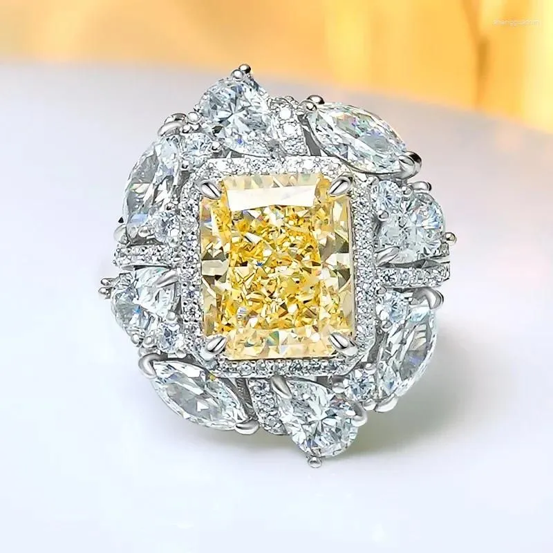 Cluster Rings 925 Sterling Silver Ring With Artificial Yellow Diamond Set Elegant And Versatile Women Engagement Jewelry