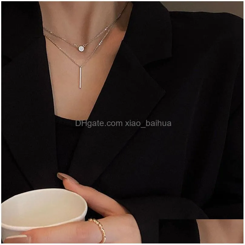 double zircon pendant necklace female niche temperament metal rod titanium steel clavicle chain accessories