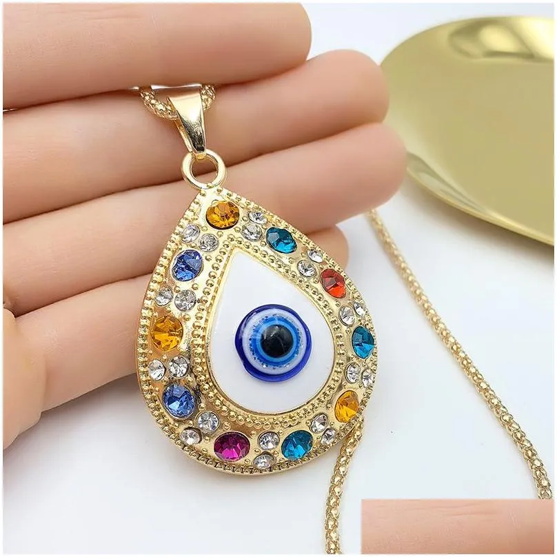 in bulk alloy rhinestone fatima hand pendant necklace turkish blue evil eyes diamond set sweater chain necklaces jewelry wholesale