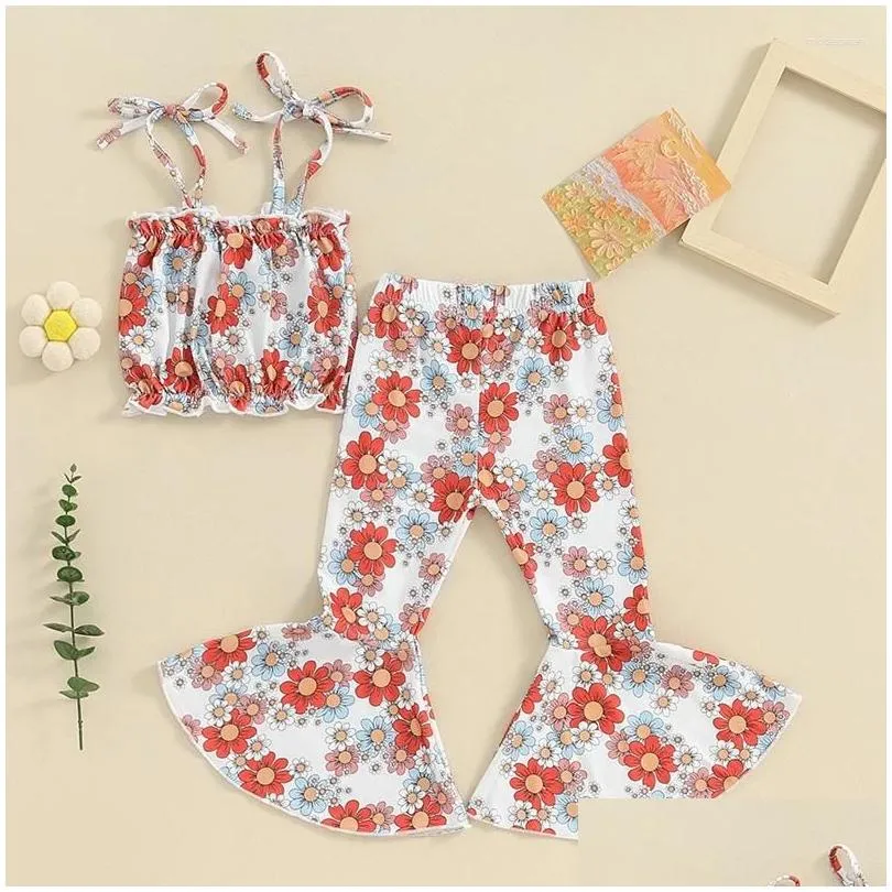 Clothing Sets Kid Toddler Baby Girl Summer Outfits Flower Tie-Up Spaghetti Straps Crop Tank Tops Flare Pants 2Pcs Clothes Set